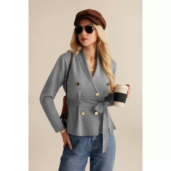 GRACE KARIN Women Long Sleeve Casual Blazer Cardigan Knit Belt Work Office Formal Jacket with PocketSilver Gray