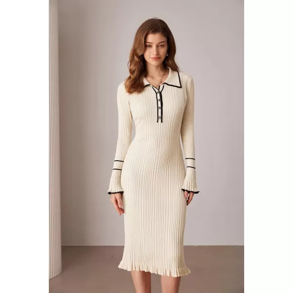 GRACE KARIN Womens 2024 Long Sleeve Sweater Dress Button Knit Slim Fit Casual V Neck Elegant Bodycon Midi DressesApricot