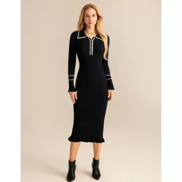 GRACE KARIN Womens 2024 Long Sleeve Sweater Dress Button Knit Slim Fit Casual V Neck Elegant Bodycon Midi DressesBlack