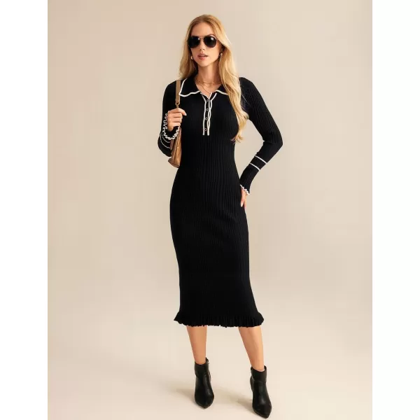 GRACE KARIN Womens 2024 Long Sleeve Sweater Dress Button Knit Slim Fit Casual V Neck Elegant Bodycon Midi DressesBlack