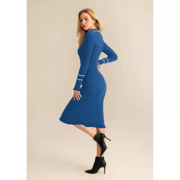 GRACE KARIN Womens 2024 Long Sleeve Sweater Dress Button Knit Slim Fit Casual V Neck Elegant Bodycon Midi DressesBlue