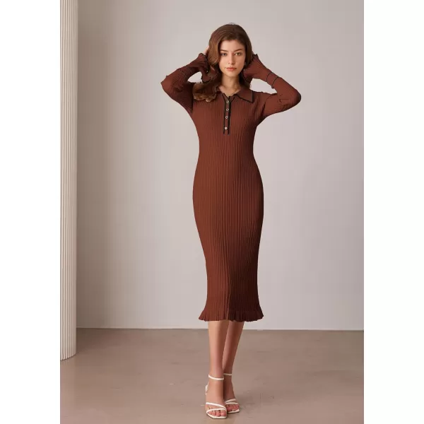 GRACE KARIN Womens 2024 Long Sleeve Sweater Dress Button Knit Slim Fit Casual V Neck Elegant Bodycon Midi DressesCaramel