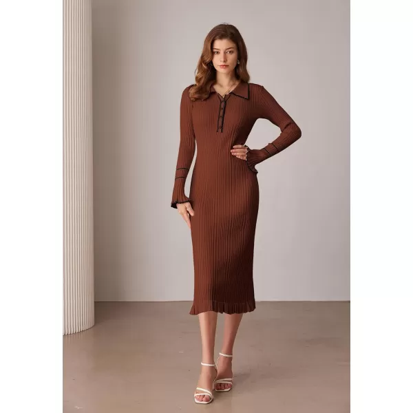 GRACE KARIN Womens 2024 Long Sleeve Sweater Dress Button Knit Slim Fit Casual V Neck Elegant Bodycon Midi DressesCaramel