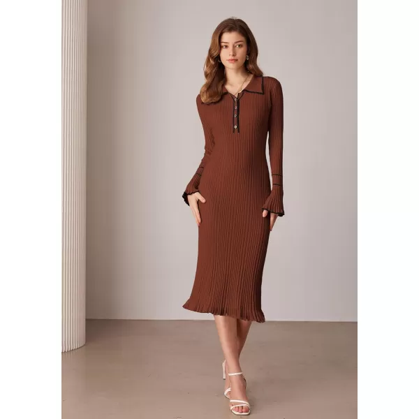 GRACE KARIN Womens 2024 Long Sleeve Sweater Dress Button Knit Slim Fit Casual V Neck Elegant Bodycon Midi DressesCaramel