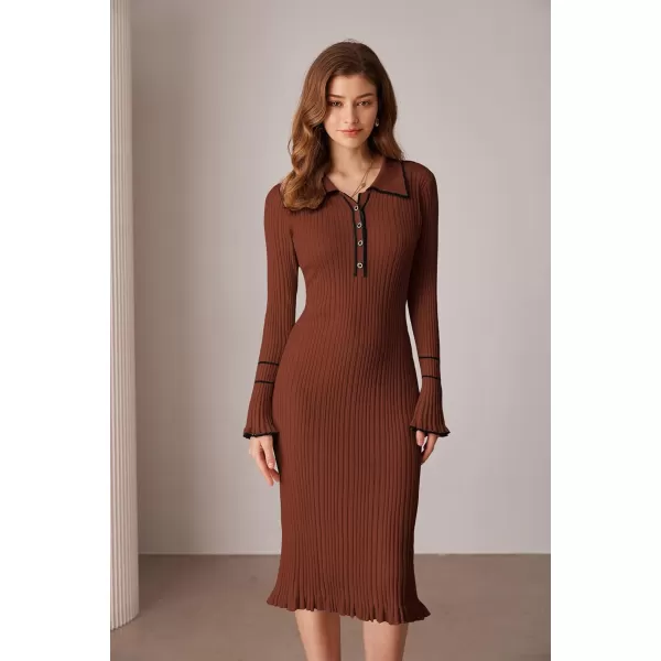 GRACE KARIN Womens 2024 Long Sleeve Sweater Dress Button Knit Slim Fit Casual V Neck Elegant Bodycon Midi DressesCaramel