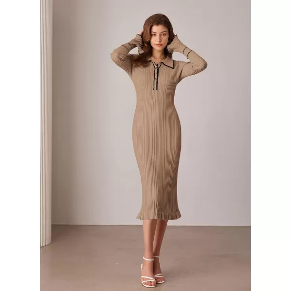 GRACE KARIN Womens 2024 Long Sleeve Sweater Dress Button Knit Slim Fit Casual V Neck Elegant Bodycon Midi DressesDark Apricot