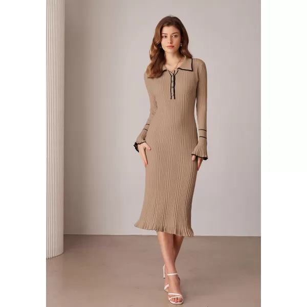 GRACE KARIN Womens 2024 Long Sleeve Sweater Dress Button Knit Slim Fit Casual V Neck Elegant Bodycon Midi DressesDark Apricot