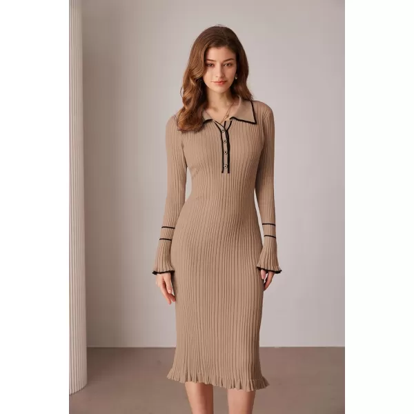 GRACE KARIN Womens 2024 Long Sleeve Sweater Dress Button Knit Slim Fit Casual V Neck Elegant Bodycon Midi DressesDark Apricot