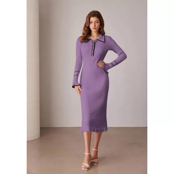 GRACE KARIN Womens 2024 Long Sleeve Sweater Dress Button Knit Slim Fit Casual V Neck Elegant Bodycon Midi DressesPurple