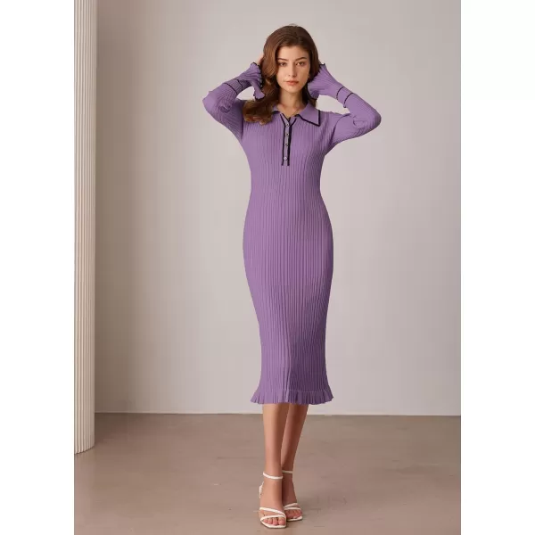 GRACE KARIN Womens 2024 Long Sleeve Sweater Dress Button Knit Slim Fit Casual V Neck Elegant Bodycon Midi DressesPurple