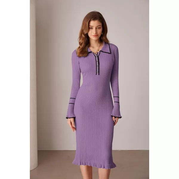 GRACE KARIN Womens 2024 Long Sleeve Sweater Dress Button Knit Slim Fit Casual V Neck Elegant Bodycon Midi DressesPurple