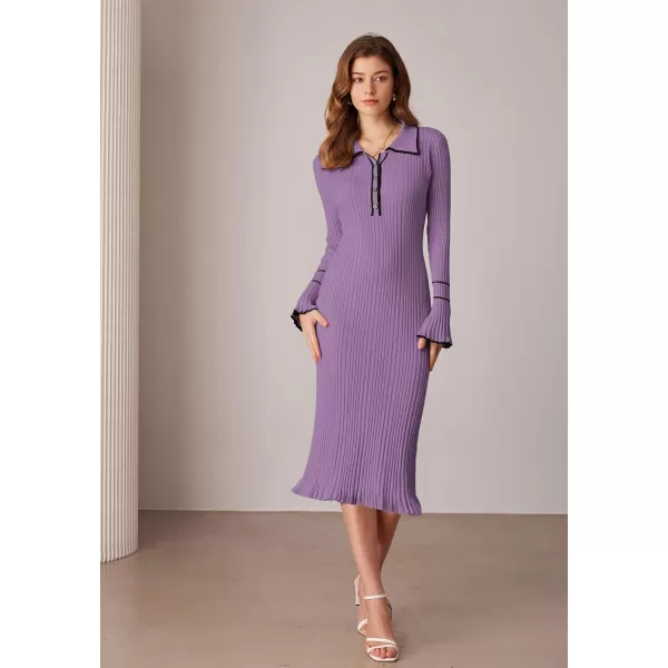 GRACE KARIN Womens 2024 Long Sleeve Sweater Dress Button Knit Slim Fit Casual V Neck Elegant Bodycon Midi DressesPurple