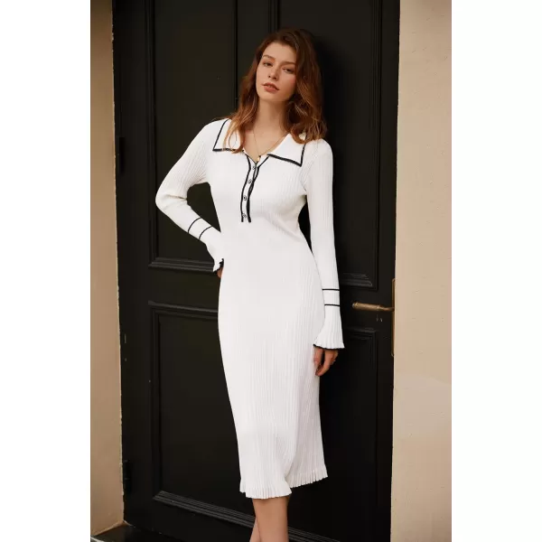 GRACE KARIN Womens 2024 Long Sleeve Sweater Dress Button Knit Slim Fit Casual V Neck Elegant Bodycon Midi DressesWhite