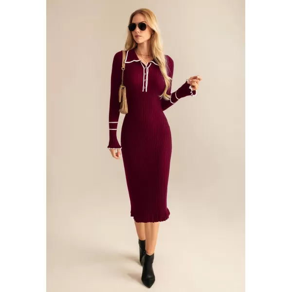 GRACE KARIN Womens 2024 Long Sleeve Sweater Dress Button Knit Slim Fit Casual V Neck Elegant Bodycon Midi DressesWine Red