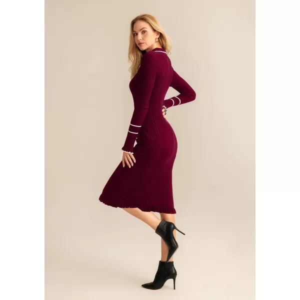 GRACE KARIN Womens 2024 Long Sleeve Sweater Dress Button Knit Slim Fit Casual V Neck Elegant Bodycon Midi DressesWine Red