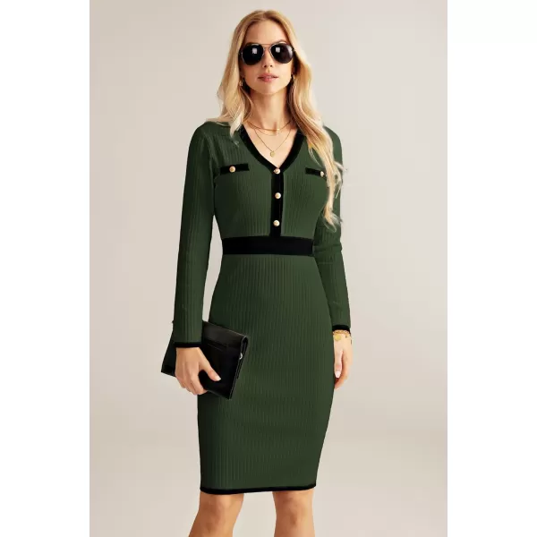 GRACE KARIN Womens Ribbed Knit Bodycon Sweater Dress Button Long Sleeve V Neck Elegant Midi Pullover DressesAmy Green