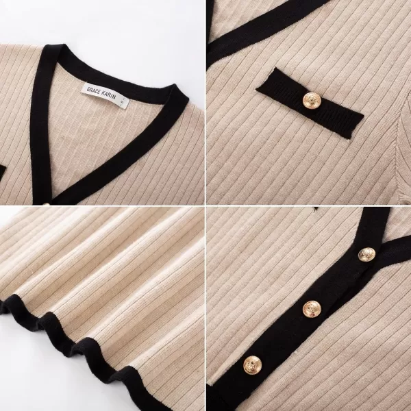 GRACE KARIN Womens Ribbed Knit Bodycon Sweater Dress Button Long Sleeve V Neck Elegant Midi Pullover DressesBeige