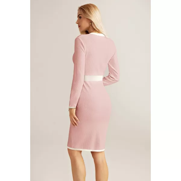 GRACE KARIN Womens Ribbed Knit Bodycon Sweater Dress Button Long Sleeve V Neck Elegant Midi Pullover DressesDusty Pink