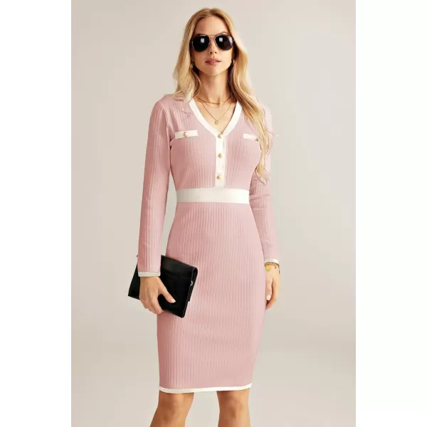 GRACE KARIN Womens Ribbed Knit Bodycon Sweater Dress Button Long Sleeve V Neck Elegant Midi Pullover DressesDusty Pink