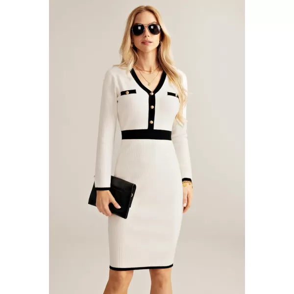 GRACE KARIN Womens Ribbed Knit Bodycon Sweater Dress Button Long Sleeve V Neck Elegant Midi Pullover DressesWhite