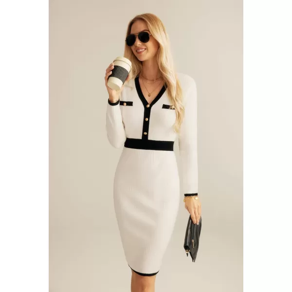 GRACE KARIN Womens Ribbed Knit Bodycon Sweater Dress Button Long Sleeve V Neck Elegant Midi Pullover DressesWhite