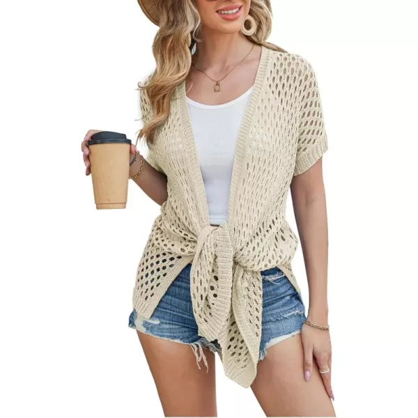 GRACE KARIN Mesh Cardigan Sweaters for Women Crochet Short Sleeve Openfront Long Cardigan Cover ups Knitted Sheer TopsApricot