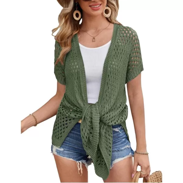 GRACE KARIN Mesh Cardigan Sweaters for Women Crochet Short Sleeve Openfront Long Cardigan Cover ups Knitted Sheer TopsArmygreen