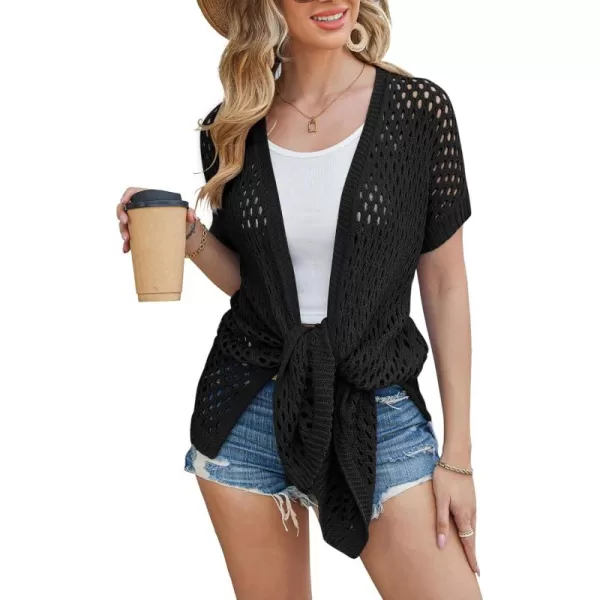 GRACE KARIN Mesh Cardigan Sweaters for Women Crochet Short Sleeve Openfront Long Cardigan Cover ups Knitted Sheer TopsBlack