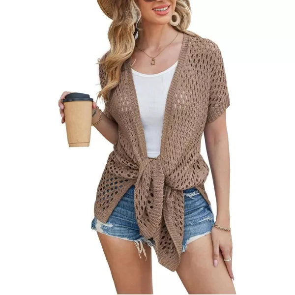 GRACE KARIN Mesh Cardigan Sweaters for Women Crochet Short Sleeve Openfront Long Cardigan Cover ups Knitted Sheer TopsBrown