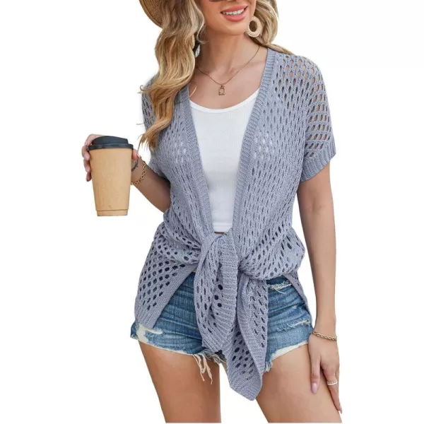 GRACE KARIN Mesh Cardigan Sweaters for Women Crochet Short Sleeve Openfront Long Cardigan Cover ups Knitted Sheer TopsGrey Blue