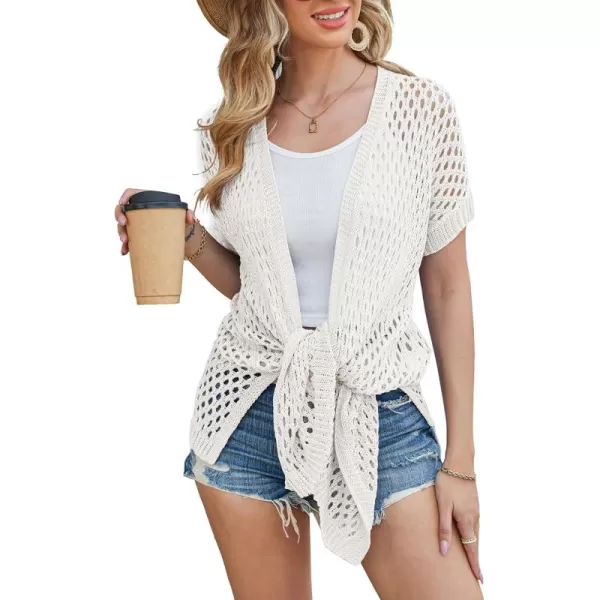 GRACE KARIN Mesh Cardigan Sweaters for Women Crochet Short Sleeve Openfront Long Cardigan Cover ups Knitted Sheer TopsIvory