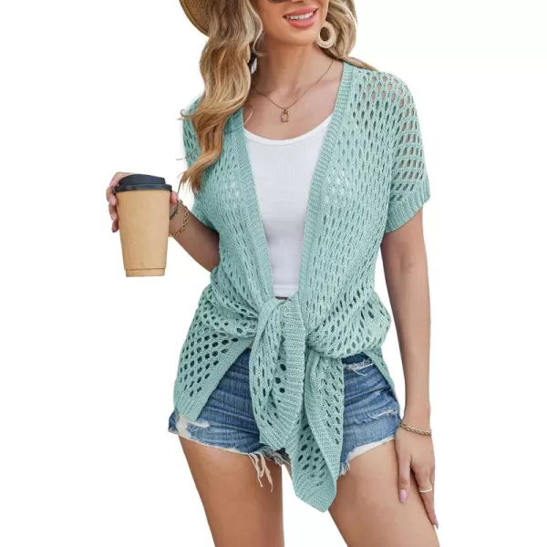 GRACE KARIN Mesh Cardigan Sweaters for Women Crochet Short Sleeve Openfront Long Cardigan Cover ups Knitted Sheer TopsLight Green