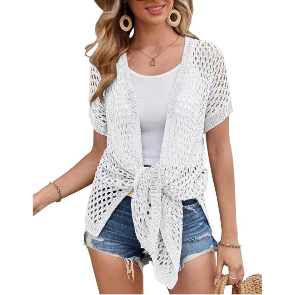 GRACE KARIN Mesh Cardigan Sweaters for Women Crochet Short Sleeve Openfront Long Cardigan Cover ups Knitted Sheer TopsPure White