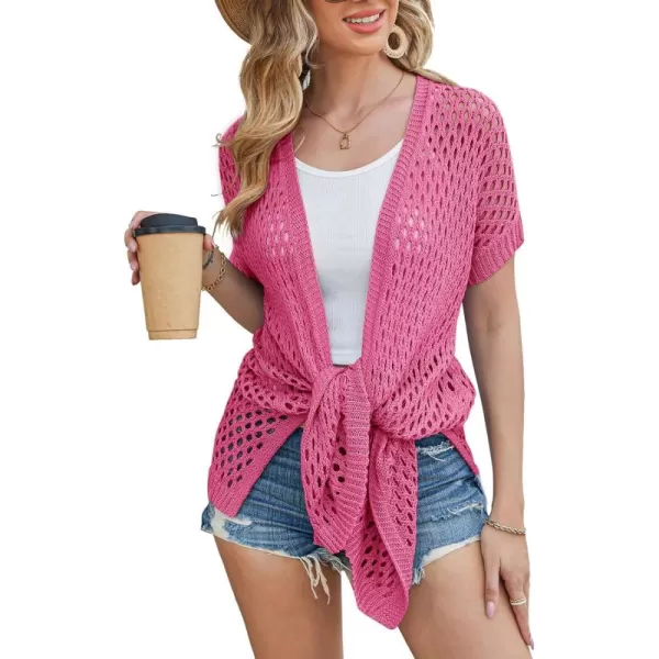 GRACE KARIN Mesh Cardigan Sweaters for Women Crochet Short Sleeve Openfront Long Cardigan Cover ups Knitted Sheer TopsRose Red