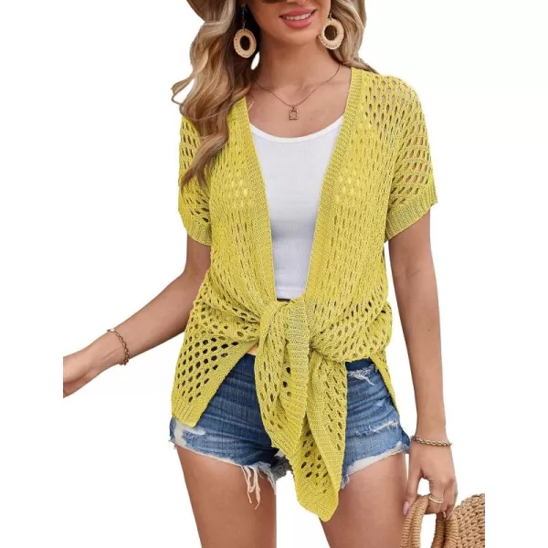 GRACE KARIN Mesh Cardigan Sweaters for Women Crochet Short Sleeve Openfront Long Cardigan Cover ups Knitted Sheer TopsYellow