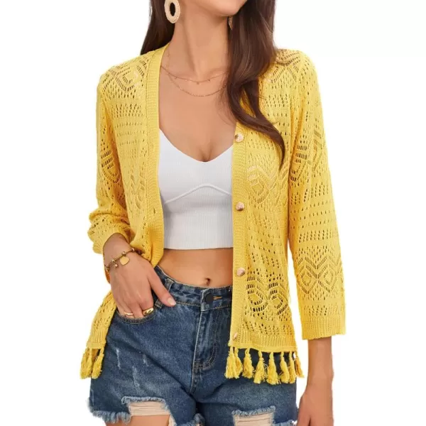 GRACE KARIN Women Fringed Cardigan 2025 Boho Hollowed Out Crochet Knit Shrug 34 Sleeve VNeck Cardigan Top with ButtonYellow