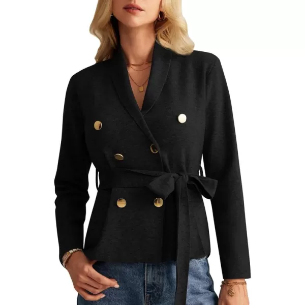 GRACE KARIN Women Long Sleeve Casual Blazer Cardigan Knit Belt Work Office Formal Jacket with PocketBlack