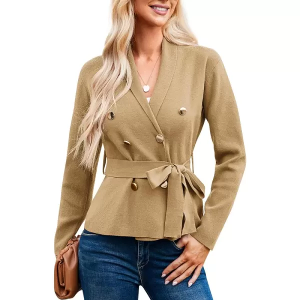 GRACE KARIN Women Long Sleeve Casual Blazer Cardigan Knit Belt Work Office Formal Jacket with PocketBrown