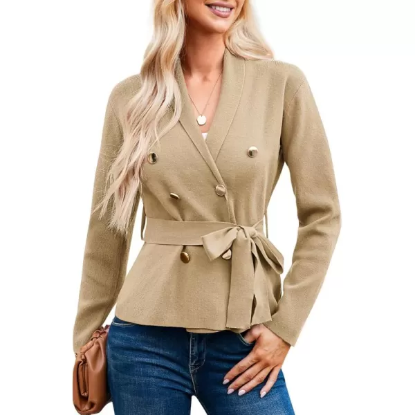 GRACE KARIN Women Long Sleeve Casual Blazer Cardigan Knit Belt Work Office Formal Jacket with PocketKhaki