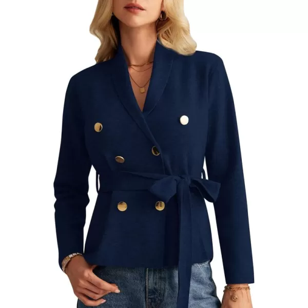 GRACE KARIN Women Long Sleeve Casual Blazer Cardigan Knit Belt Work Office Formal Jacket with PocketNavy Blue