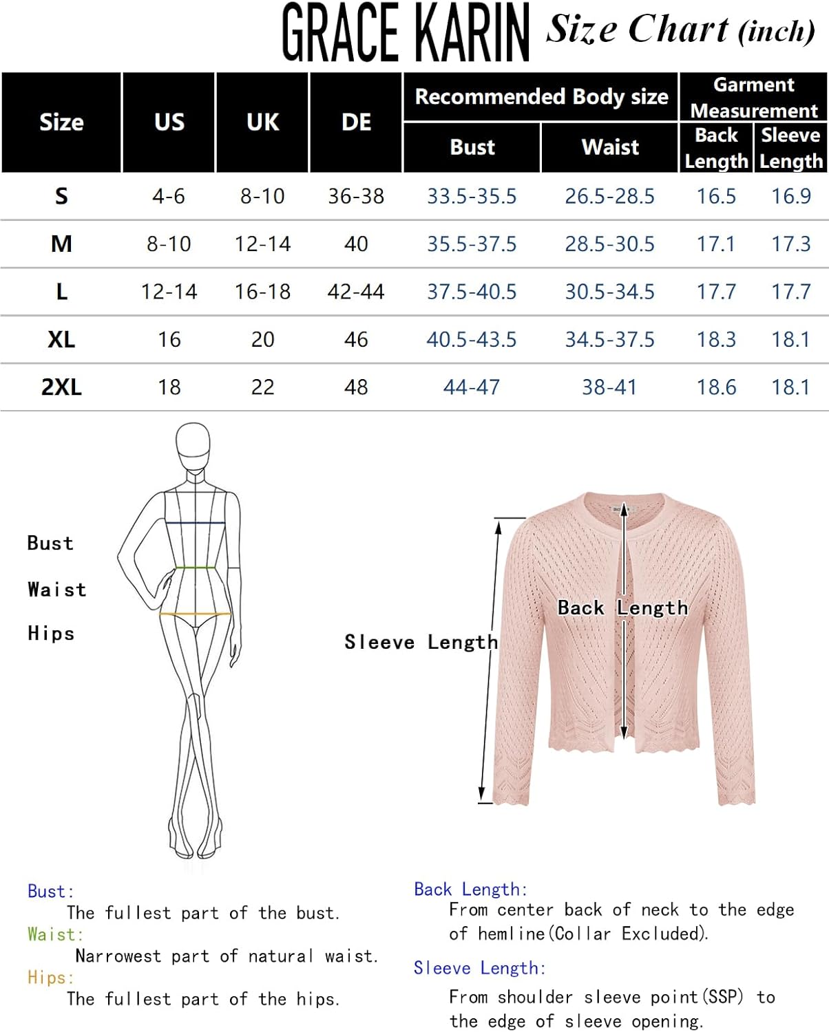 GRACE KARIN 2024 Womens 34 Sleeve Crew Neck HollowedOut Lightweight Cardigan Sweaters Open Front Cropped CardiganBright White