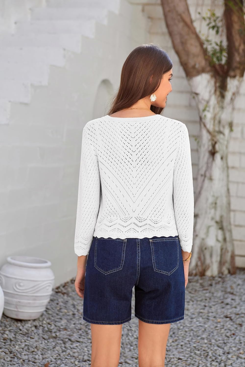 GRACE KARIN 2024 Womens 34 Sleeve Crew Neck HollowedOut Lightweight Cardigan Sweaters Open Front Cropped CardiganBright White