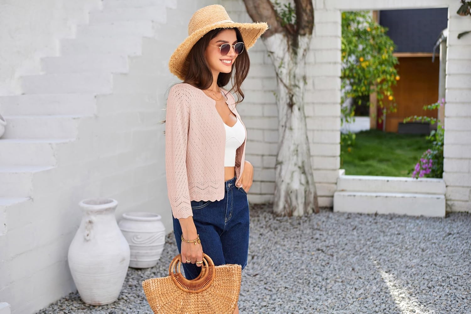 GRACE KARIN 2024 Womens 34 Sleeve Crew Neck HollowedOut Lightweight Cardigan Sweaters Open Front Cropped CardiganLight Pink