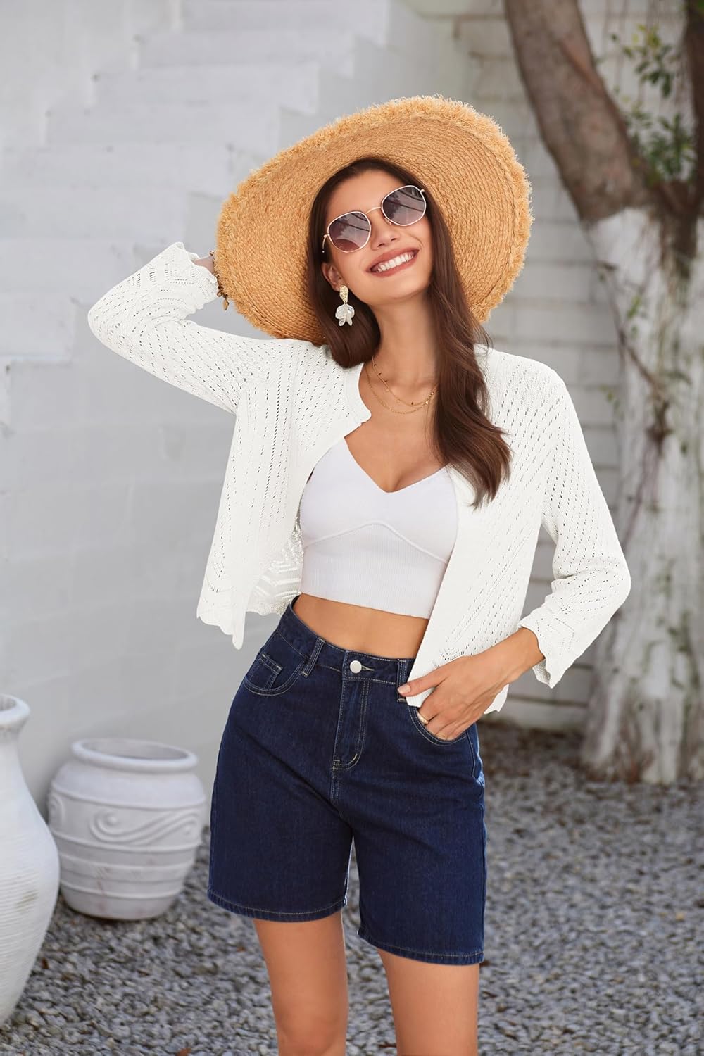 GRACE KARIN 2024 Womens 34 Sleeve Crew Neck HollowedOut Lightweight Cardigan Sweaters Open Front Cropped CardiganWhite