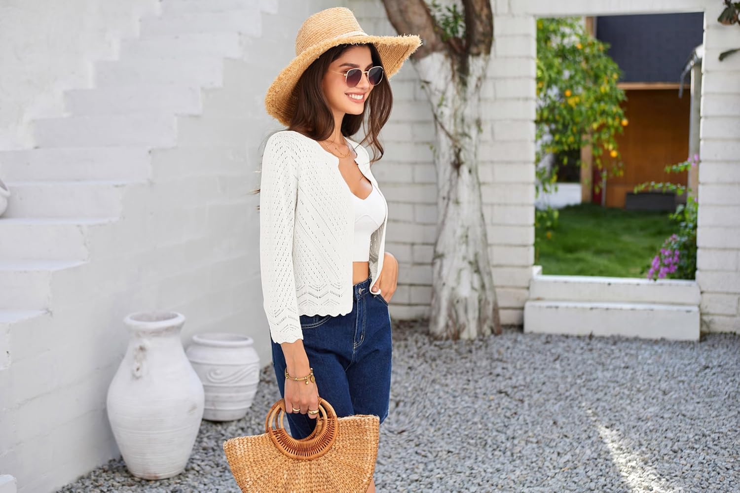 GRACE KARIN 2024 Womens 34 Sleeve Crew Neck HollowedOut Lightweight Cardigan Sweaters Open Front Cropped CardiganWhite