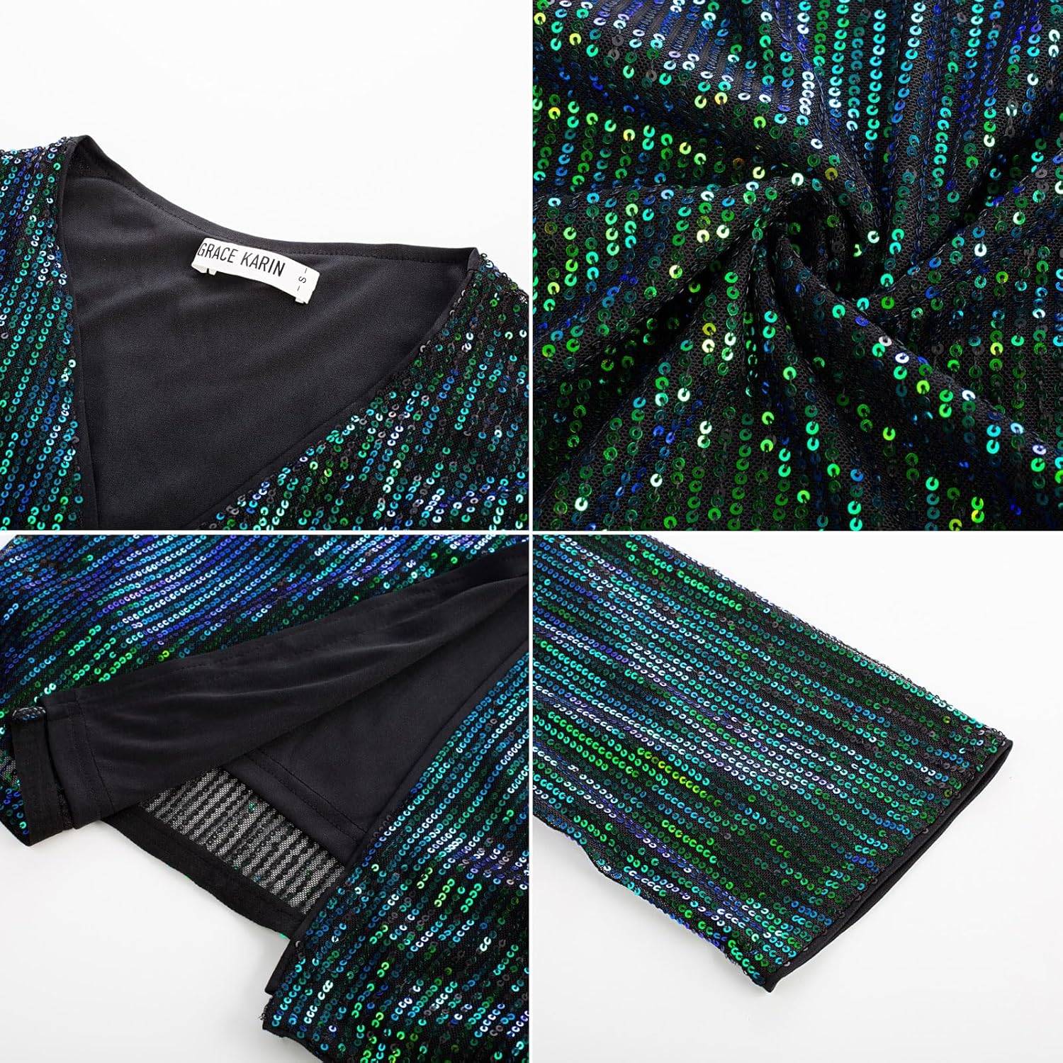 GRACE KARIN 2024 Womens 34 Sleeve Sequin Jackets Open Front Sequin Cardigan Sweaters Blazer S2XLBlue Green