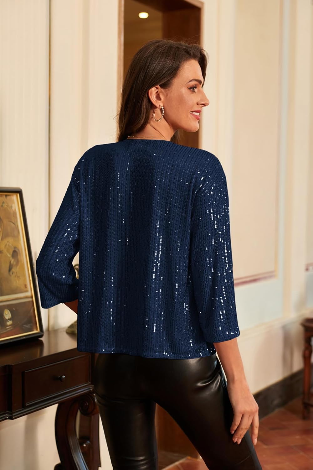 GRACE KARIN 2024 Womens 34 Sleeve Sequin Jackets Open Front Sequin Cardigan Sweaters Blazer S2XLNavy Blue
