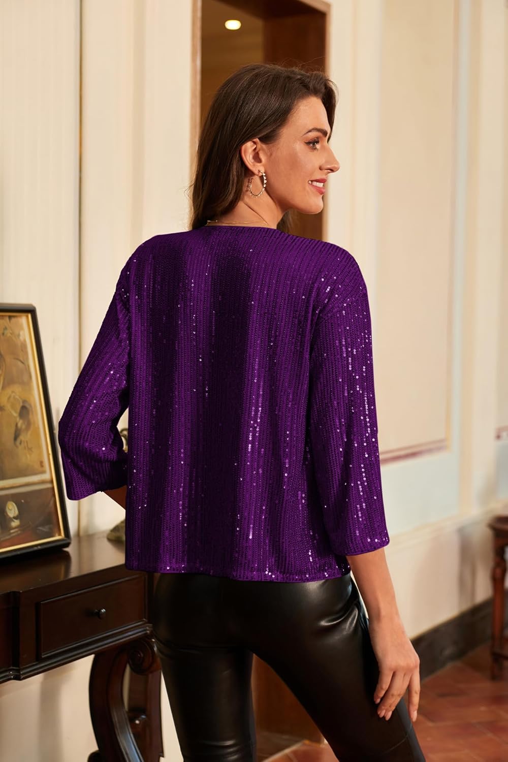 GRACE KARIN 2024 Womens 34 Sleeve Sequin Jackets Open Front Sequin Cardigan Sweaters Blazer S2XLPurple