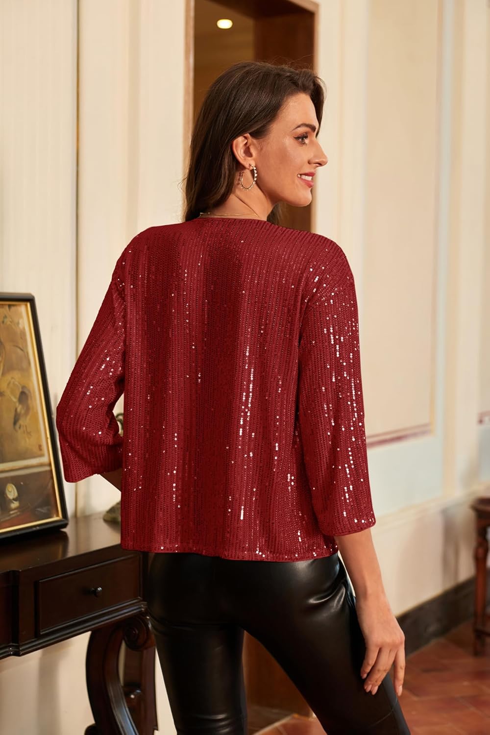 GRACE KARIN 2024 Womens 34 Sleeve Sequin Jackets Open Front Sequin Cardigan Sweaters Blazer S2XLRed