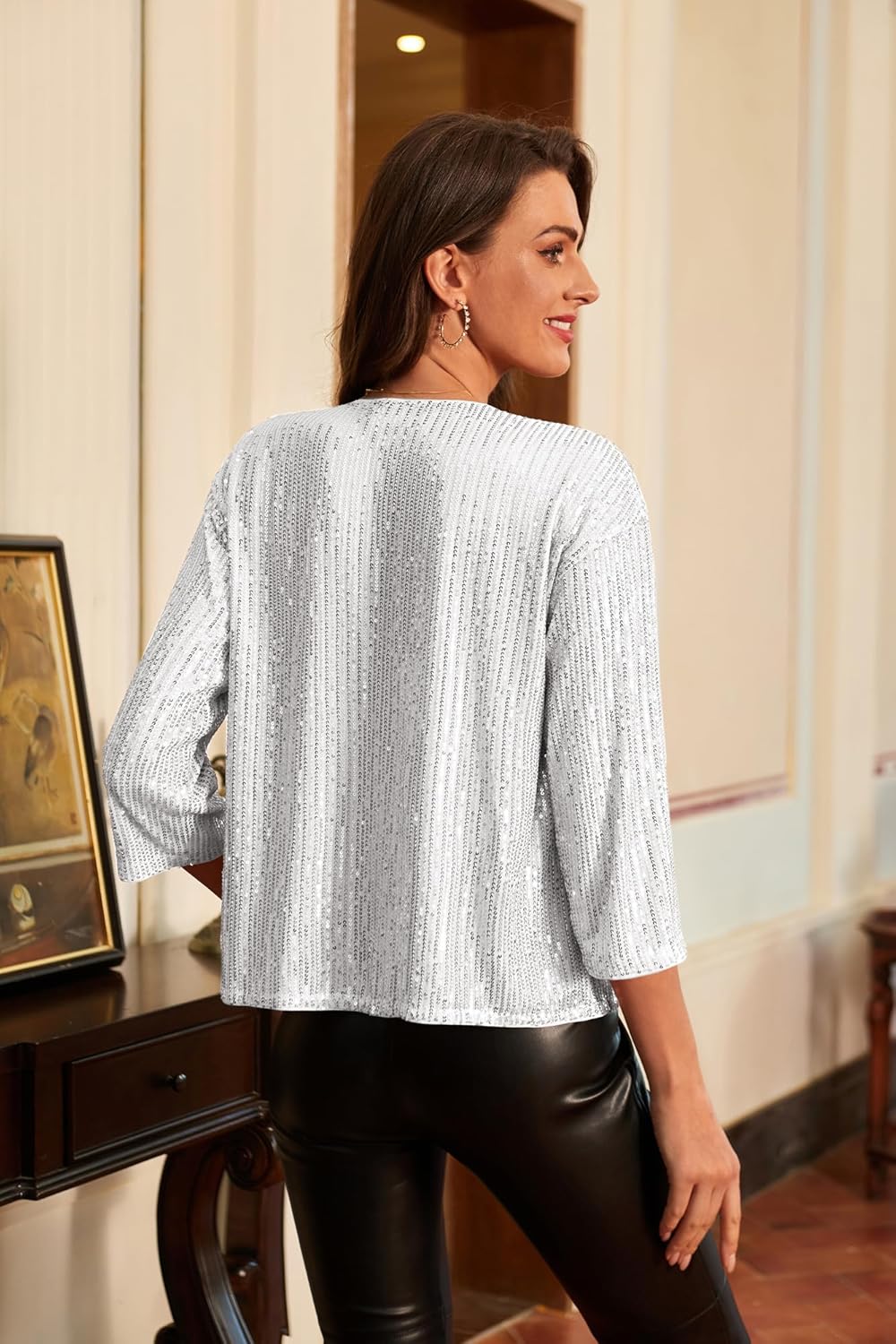 GRACE KARIN 2024 Womens 34 Sleeve Sequin Jackets Open Front Sequin Cardigan Sweaters Blazer S2XLSilver